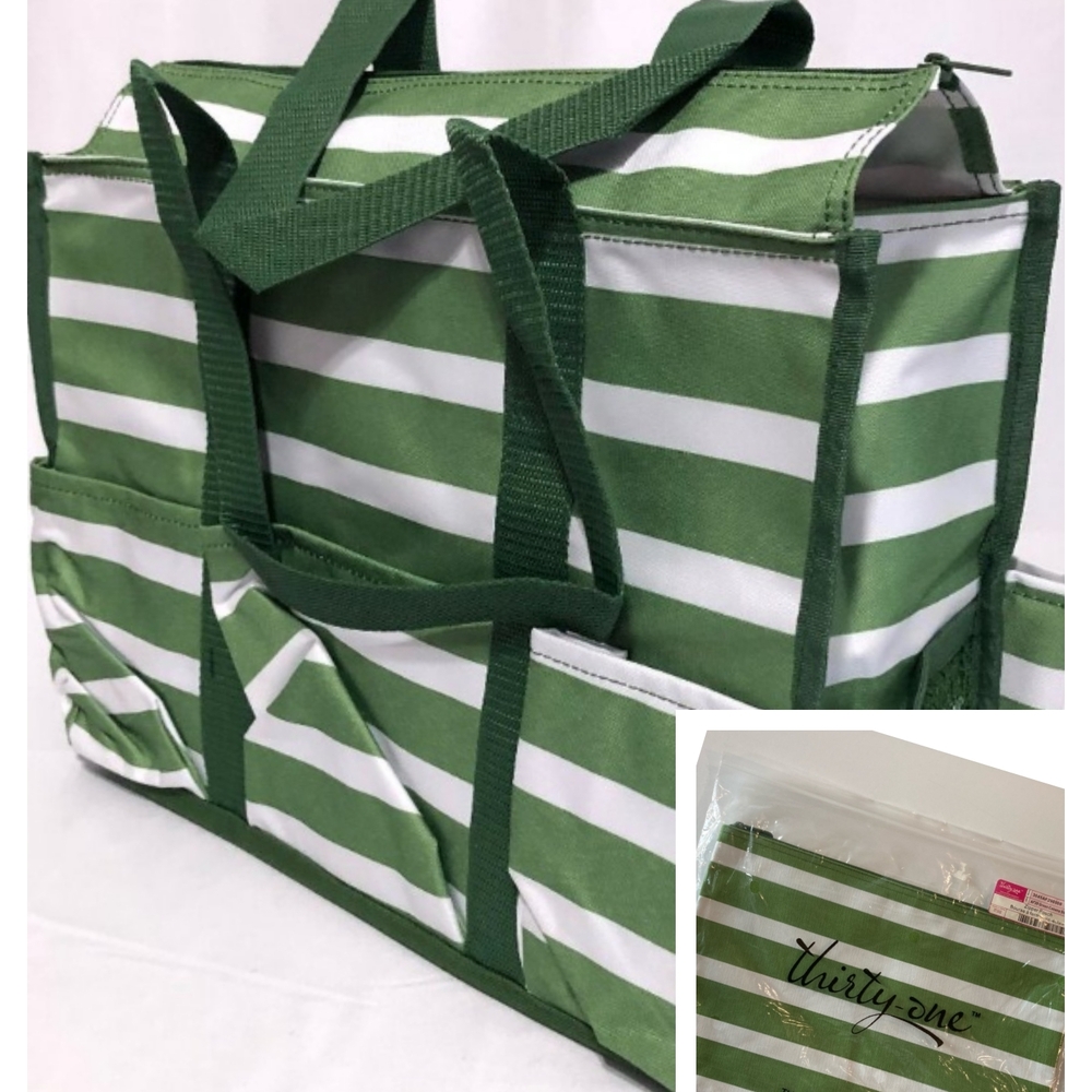 Bundle Thirty -One Green Striped Storage Tote And Pouch